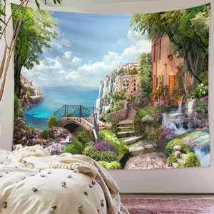 Detailed Mediterranean seaside town scenery printed on high-quality decorative wall tapestry