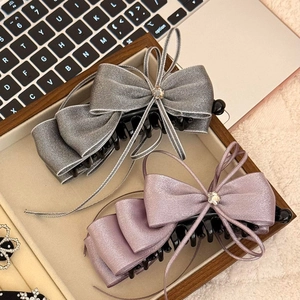 Elegant chiffon ribbon bow hair claw clips with zircon star accents in grey and purple