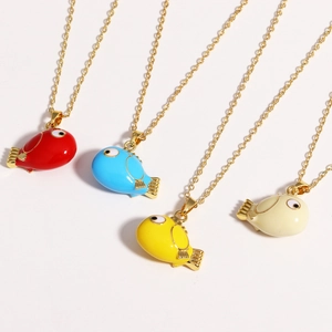 Cute cartoon fish pendant necklaces in red blue yellow and cream white with gold chains