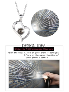 Infographic showing how to project I Love You in 100 languages with a heart necklace