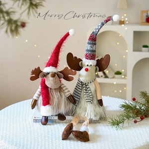Charming plush Christmas reindeer dolls with knit hats for festive home tabletop decor