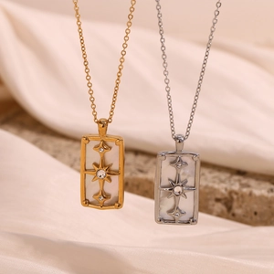 North Star tarot rectangle pendant necklace in gold and silver with shell inlay