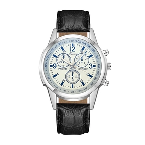 Macro view of blue hands and chronograph sub-dials on a cream white watch face