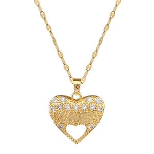 Gold heart pendant necklace with rhinestones and MAMA engraving on a flat chain
