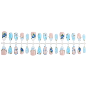 Bohemian blue heart and floral stiletto press-on nails with small 3D pearl accents
