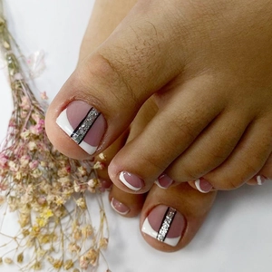 French Style Press On Toenails Nude Pink White Edge Silver Glitter Stripes Black Geometric Artificial False Nails Women