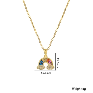Rainbow pendant necklace with colorful zircons and white clouds on a gold titanium chain