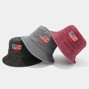 Vintage washed bucket hats with embroidered American flag and USA text in three colors