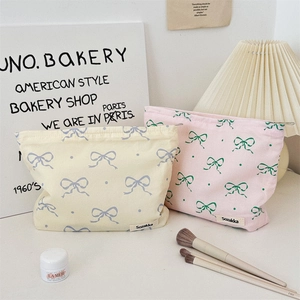 Detail of floral cosmetic bag showing bow patterns and smooth zipper closure