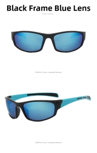 Detailed view of sports sunglasses featuring a black frame and reflective blue lenses