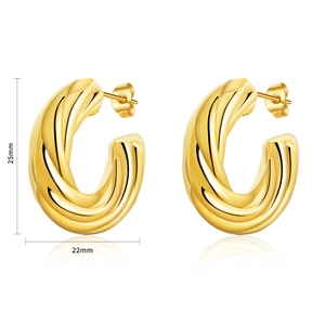 Detailed view of twisted golden C-shape earrings with dimensions 25mm by 22mm
