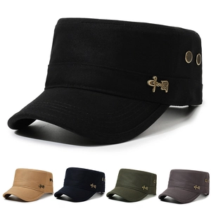 Men Cadet Cap Cotton Canvas Flat Top Military Hat Adjustable Vintage Solid Sun Protection Breathable Outdoor
