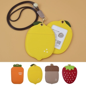 Cartoon Fruit Shaped ID Card Holder With Lanyard PU Leather Dual Slots Badge Cover For Students Office Workers