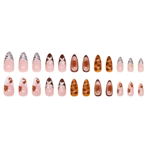 24-piece almond press-on nails set featuring leopard print, floral art, and 3D rhinestones