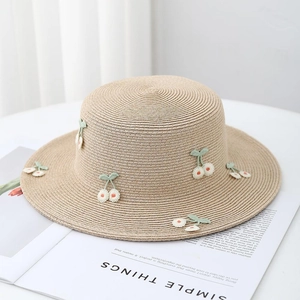Boater style straw sun hat with cherry embroidery for summer beach fashion wear