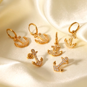 Anchor Shell Stud Hoop Earrings Stainless Steel 18K Gold Plated Rhinestone Zircon Nautical Marine Style Women Jewelry