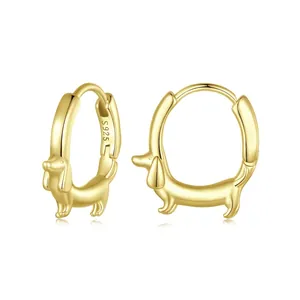 Cute gold plated S925 sterling silver dachshund dog hoop earrings for women