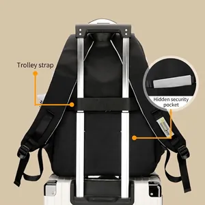 Black school backpack with luggage strap and hidden anti-theft back pocket detail