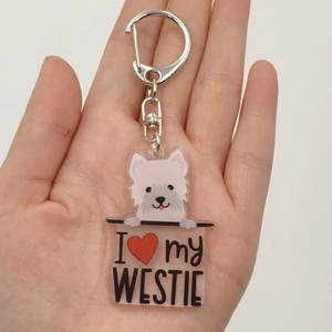 Detail of acrylic Westie dog keychain with I Love My Westie print and metal clasp