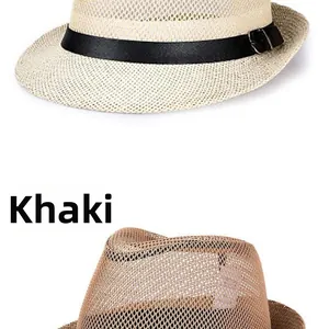 Close-up of mesh weave straw fedora hats in beige and khaki colors with bands