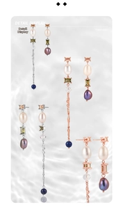 Detail display of asymmetrical S925 silver fringe earrings with pearls and crystals