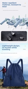 Detailansicht des wasserdichten Nylon Kordelzugrucksacks mit Stoff und leichtem Design.