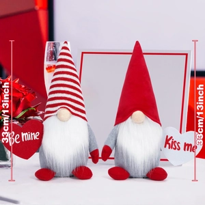 Set of two Valentine Gnomes with red striped hats and heart signs, 13 inch height
