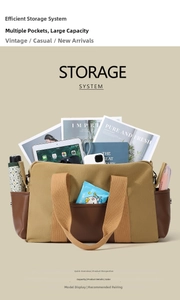 Detail of khaki canvas tote bag showing its large capacity and multi-pocket storage system