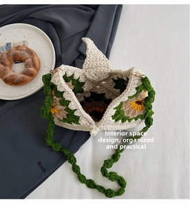 Detail view of the spacious inner compartment of the handmade crochet sunflower bag