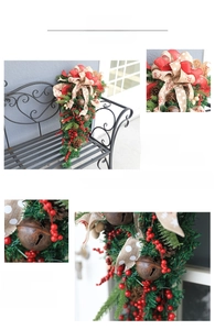 Detail of Christmas teardrop swag with red berries, pine cones and rustic metal bells