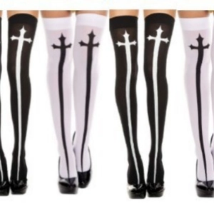 Halloween over-the-knee socks with gothic cross patterns in black and white colors