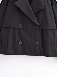 Detail shot of the black double-breasted trench coat lapel with premium buttons and pockets