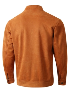 Detailed back view of a slim-fit caramel suede jacket with stand collar and metal button cuffs