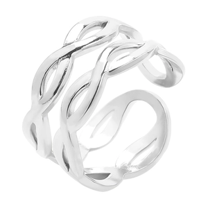 Detail of silver adjustable open ring with intricate infinity hollow weave design