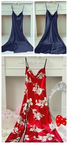 Detail of satin robes featuring side slits, floral prints, and sleek spaghetti straps