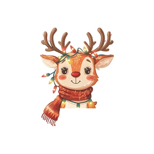 Sticker mural de renne de Noël avec guirlande lumineuse et écharpe rouge sur fond blanc