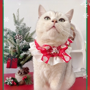 Christmas pet bow collar with Santa ornament and lace for cats and dogs festive dressing