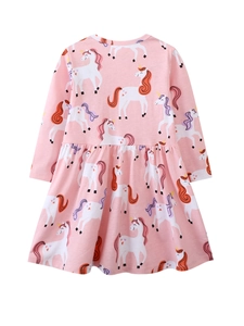 Pink long sleeve girls princess dress with cute all-over white unicorn prints