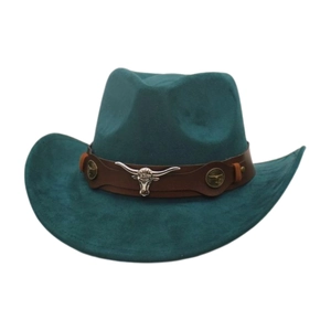 Western teal suede cowboy hat with brown leather band and silver bull head buckle