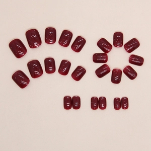 Sparkly burgundy short square press-on nails set for Christmas and New Year festive wear