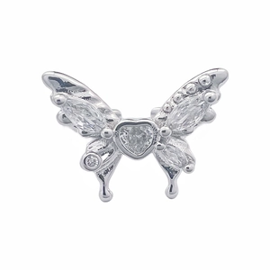 Silver butterfly open ring with sparkling zircon stones and heart-shaped center gem