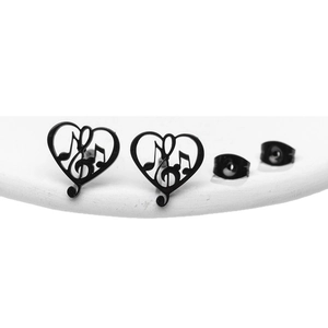 Minimalist black heart stud earrings featuring musical G-clef and notes design
