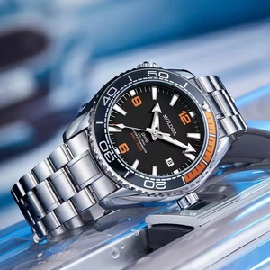 Silver stainless steel waterproof diving watch with black dial and orange accents