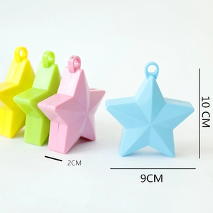 Star-shaped balloon weights in candy colors showing 10cm by 9cm dimensions on white background