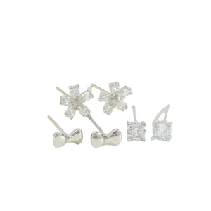 Three pairs of S925 silver stud earrings set featuring flower, bow and cubic zirconia
