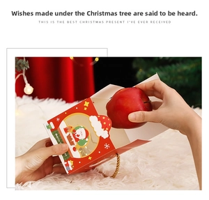 Close-up of a festive red Christmas apple gift box with Santa Claus illustration