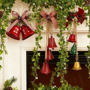 Christmas Hanging Metal Bells With Hemp Rope Pine Cone Berries Bowknot Retro Shabby Chic Holiday Tree Ornaments Decor