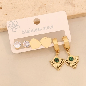 Three-piece stainless steel earring set featuring gold hearts and green malachite charms