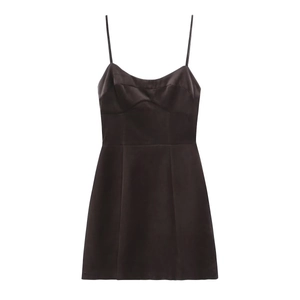 Elegant black satin mini dress with slim spaghetti straps and waist-slimming silhouette