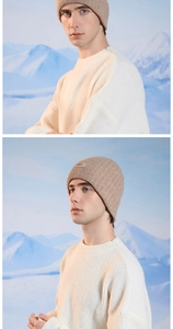 Front and side view of oatmeal ribbed knit beanie for men in a snowy mountain setting